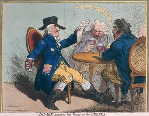Homer cantando seus versos para os gregos, publicado por Hannah Humphrey em 1797 (gravura à mão colorida)