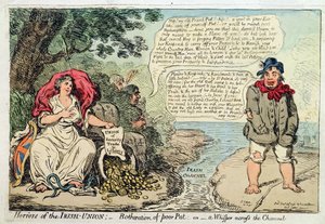 Horrores da União Irlandesa: Botheration of Pobre Pat, ou A Whisper através do Canal, publicado por Hannah Humphrey em 1798 (gravura à mão colorida)