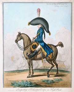 Inspecionando um Corpo Voluntário no Hyde Park, publicado por Hannah Humphrey em 1803 (gravura à mão colorida)