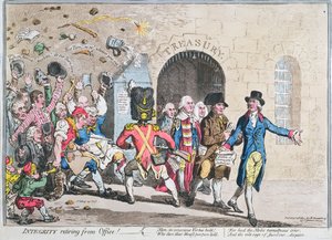 Integrity Retiring from Office, publicado por Hannah Humphrey em 1801 (gravura à mão colorida com aquatint)