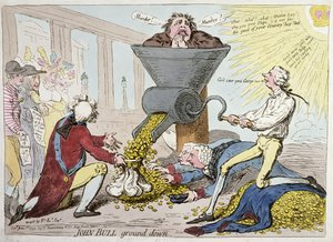 John Bull Ground Down, publicado por Hannah Humphrey em 1795 (gravura à mão colorida)