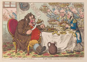 John Bull tomando almoço ou cozinheiros britânicos enchendo Old Grumble Gizzard com Bonne Chere, pub 1798 (gravura colorida à mão)
