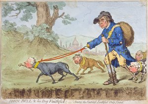 John Bull e seu cão fiel, publicado por Hannah Humphrey em 1796 (gravura à mão colorida)
