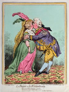 Le Baiser à la Wirtembourg, publicado por Hannah Humphrey em 1797 (gravura à mão colorida)