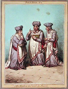 Les Membres du Conseil des Anciens, placa 2 de "French Habits", publicado por Hannah Humphrey em 1798 (gravura colorida) de James Gillray