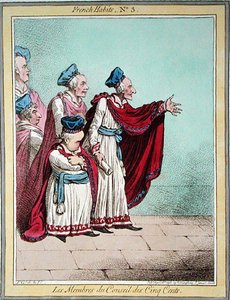 Les Membres du Conseil des Cinq Cents, placa 3 de "Hábitos franceses", publicado por Hannah Humphrey em 1798 (gravura colorida) de James Gillray