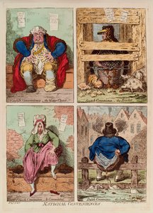 Conveniência nacional. (descrição e comparação de casas de banho em Inglaterra, Escócia, França e Holanda). Obra de James Gillray (1757-1815), gravura e aguarela de James Gillray