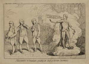 Malagrida e conspiradores, consultando o fantasma de Oliver Cromwell, publicado em 10 de junho de 1782 (gravura sobre papel avermelhado incrustado em papel de capa) de James Gillray
