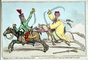 Mamlouk e Hussard Republicain, ou Resultado Geral do Ataque de Bonaparte à Guarda Traseira de Ibrahim Bey, publicado por Hannah Humphrey em 1799 (gravura à mão colorida)