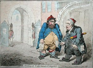 Encontro de Citoyens Infelizes, publicado por Hannah Humphrey em 1798 (gravura colorida à mão) de James Gillray