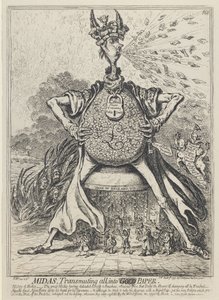 Midas, transmutando tudo em papel dourado, 1797 de James Gillray
