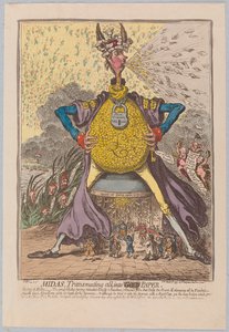 Midas, Transmutando tudo em [Gold] Paper, pub. 1797 (gravura colorida à mão)