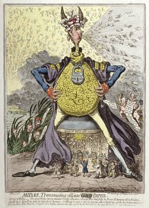 Midas Transmutando tudo em Papel Dourado, publicado por Hannah Humphrey em 1797 (gravura à mão colorida)