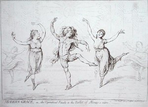 Modern Grace, ou o Final Operatical Finale to the Ballet of Alonzo e caro, publicado por Hannah Humphrey em 1796 (caneta e tinta sobre papel) de James Gillray