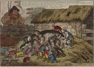 Mais porcos do que tetas, ou - a nova ninhada de grunhidos famintos, sugando a velha porca de John Bull até a morte, 9 de maio de James Gillray