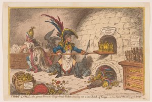Napoleão assou uma pequena loja de conveniência, 1806
Tiddy-Doll, o grande padeiro francês de pão de especiarias; desenho de um novo Lote de Reis (título sobre o objecto) de James Gillray