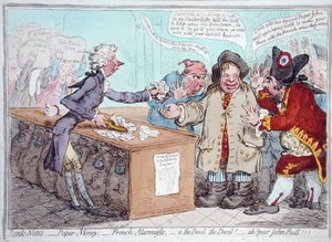 Abertura do Orçamento, ou John Bull dando suas calças para salvar seu Bacon, publicado por Hannah Humphrey em 1796 (gravura colorida à mão) de James Gillray