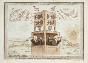Telégrafos da oposição, ou o pequeno advogado de segunda vista dando um verdadeiro espécime de informação patriótica, 21 de junho de 1798 de James Gillray