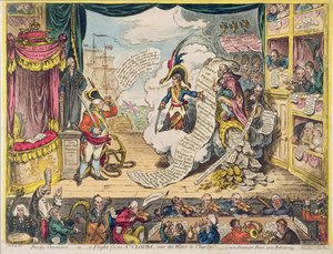 Pacific-Overtures, ou Um vôo de St. Clouds &39;sobre a água para Charley&39; - uma nova paz dramática agora ensaiando, publicado por Hannah Humphrey em 1806 (gravura à mão colorida)