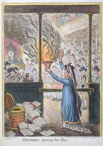 Pandora Abrindo sua Caixa, publicada por Hannah Humphrey, 1809 (gravura à mão colorida)
