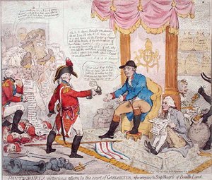 Regresso vitorioso de Pantagruel à corte de Gargantua depois de ter extirpado os Soup-Meagres da Terra de Bouaille, publicado por Hannah Humphrey em 1794 (gravura colorida à mão) de James Gillray