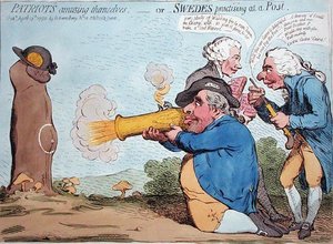 Patriotas se divertindo, ou suecos praticando em um posto, publicado por Hannah Humphrey em 1792 (gravura colorida à mão) de James Gillray