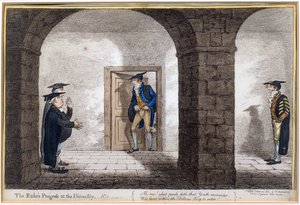 Placa 1 de &39;The Rake&39;s Progress na Universidade, publicado por Hannah Humphrey em 1806 (gravura à mão colorida)