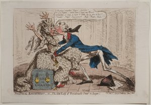 Ravishing político, ou a senhora idosa da rua de Threadneedle no perigo!, Publicou por Hannah Humphrey, 1797 (gravura à mão colorida)