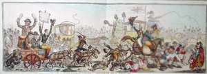 Lançamento às Eleições: uma cena no caminho para Brentford, publicado por Hannah Humphrey em 1806 (gravura colorida à mão) de James Gillray