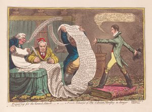 Preparação para o Grande Ataque, ou um Ensaio Privado do Ministério Ci-devant em Perigo, pub. 1801 (gravura a cores) de James Gillray