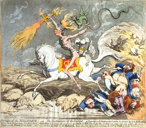 Presages of the Millennium, publicado por Hannah Humphrey em 1795 (gravura à mão colorida, gravura e tinta)