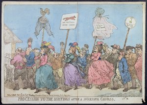 Procissão para o Hustings após uma campanha bem sucedida, publicada por G. Humphrey em 1784 (gravura à mão colorida)