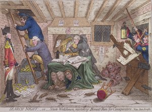 Search Night, ou The Watchmen State Mistaking Honest-men for Conspirators, publicado por Hannah Humphrey em 1798 (gravura à mão colorida) de James Gillray