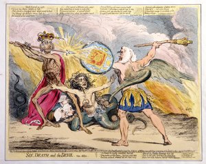 Pecado, Morte e o Diabo, publicado por Hannah Humphrey em 1792 (gravura à mão colorida)