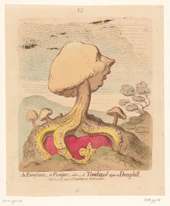 Caricatura de William Pitt, o Jovem, 1791 Uma Excrescência; - um fungo; -alias- um cogumelo venenoso em uma colina de estrume de James Gillray