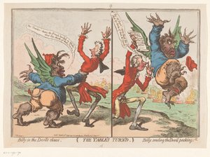 Spotprent op William Pitt en Charles Fox, 1797
A vez da mesa (título sobre o objecto) de James Gillray