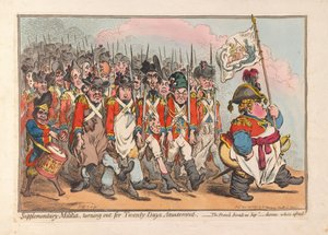 Milícia suplementar, transformando-se em Twenty Days Amusement, pub. 1796 (gravura colorida à mão) de James Gillray