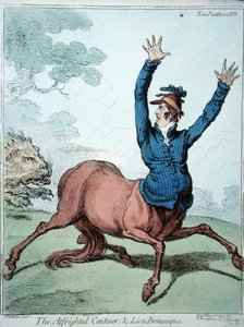 The Affrighted Centaur and the Lion Britanique, publicado por Hannah Humphrey em 1799 (gravura colorida à mão) de James Gillray