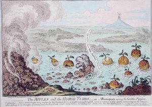 The Apples and the Horse-Turds, ou Buonaparte Among the Golden Pippins, publicado por Hannah Humphrey em 1800 (gravura colorida à mão) de James Gillray
