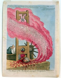 "O sangue dos assassinados clama por vingança", a execução de Luís XVI (1754-93) pela guilhotina, publicado por Hannah Humphrey de James Gillray