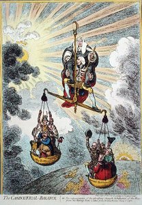 The Cabinetical Balance, publicado por Hannah Humphrey em 1806 (gravura colorida à mão) de James Gillray