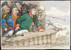 O Córsega e seus Blood Hounds na Janela das Tulherias, Olhando por cima de Paris, publicado por Hannah Humphrey em 1815 (gravura à mão colorida)