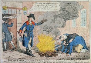 The Crown und Anchor Libel queimado pelo carrasco público, publicado por Hannah Humphrey em 1795 (gravura à mão colorida)