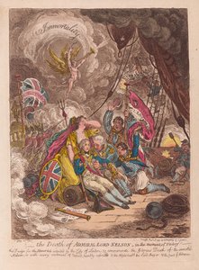 A morte do almirante Lord Nelson, no momento da vitória, pub. 1805 (gravura colorida à mão)