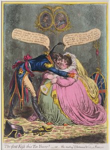O primeiro beijo em dez anos! ou O Encontro de Britannia und Citizen François, publicado por Hannah Humphrey em 1803 (gravura à mão colorida com aquatint)