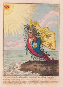 O Great South Sea Caterpillar, transformado em uma borboleta Bath, pub. 1792 (gravura colorida à mão) de James Gillray