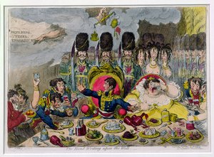 The Hand-Writing on the Wall, publicado por Hannah Humphrey em 1803 (gravura à mão colorida)
