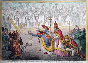 A Introdução do Papa à Convocação em Oxford pelo cardeal Broad-Bottom, publicado por Hannah Humphrey em 1809 (gravura colorida à mão) de James Gillray