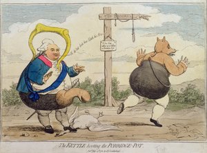The Kettle Hooting the Porridge-Pot, publicado por PJ Leatherhead em 1782 (gravura à mão colorida)