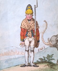 Voluntário de Leadenhall, drest in a Shawl, publicado por Hannah Humphrey em 1797 (gravura à mão colorida)